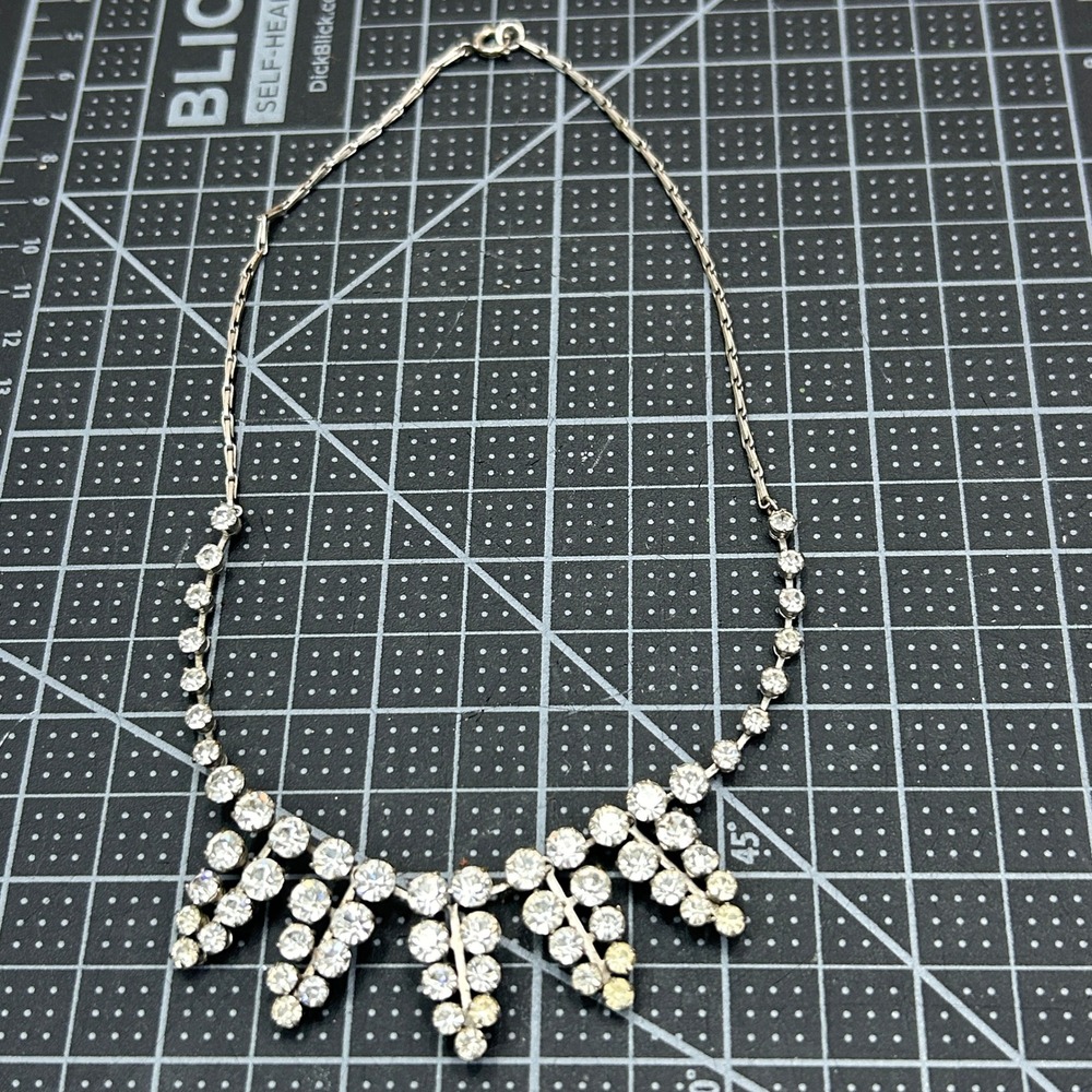 Vintage Rhinestone Fringe Bib Necklace Silver‎ Tone Clear Crystal Statement 15in